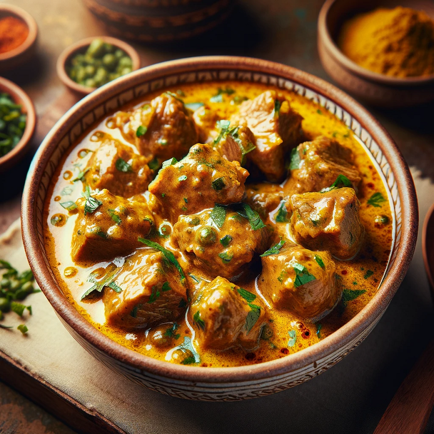 image of mutton korma on kitchen table