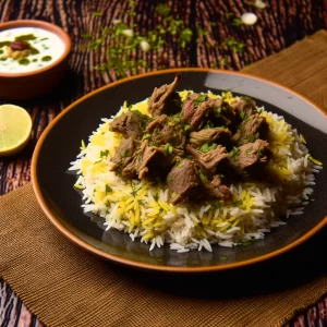 image of lamb pulao recipe on kitchen table