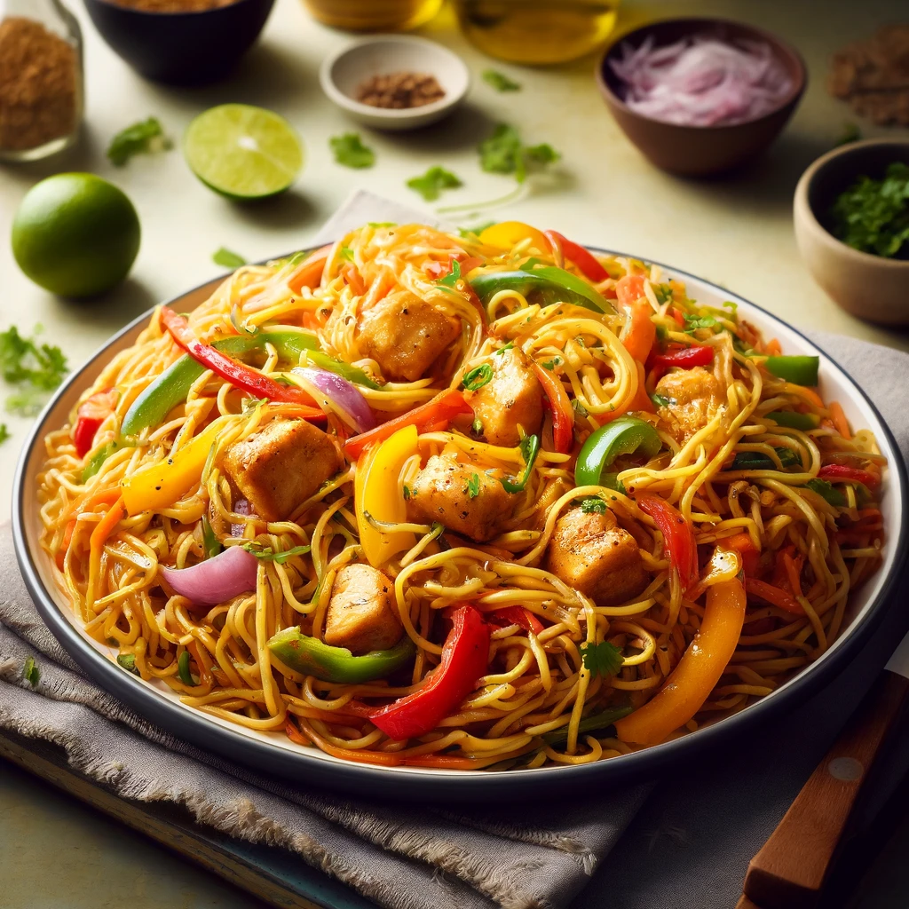 image of chicken chow mein recipe on kitchen table