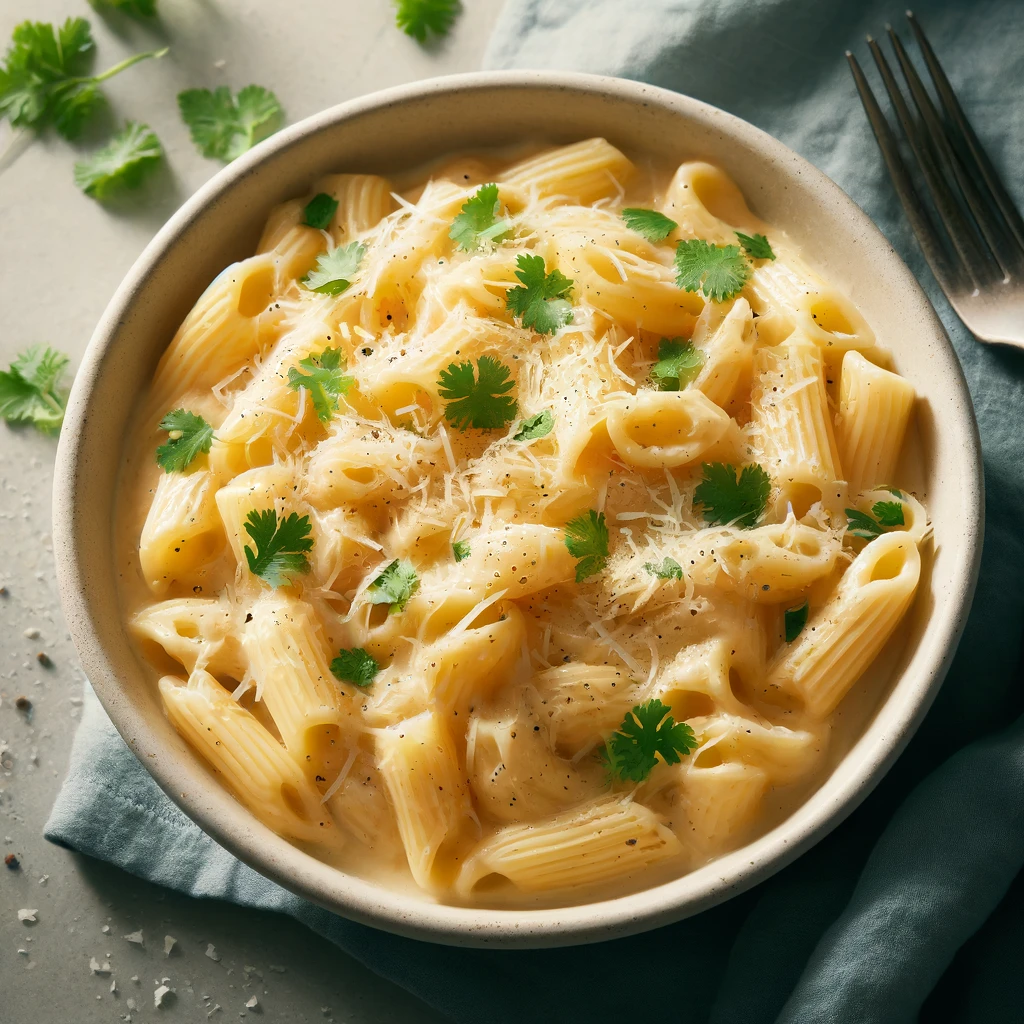 image of creamy pasta recipe on kitchen table