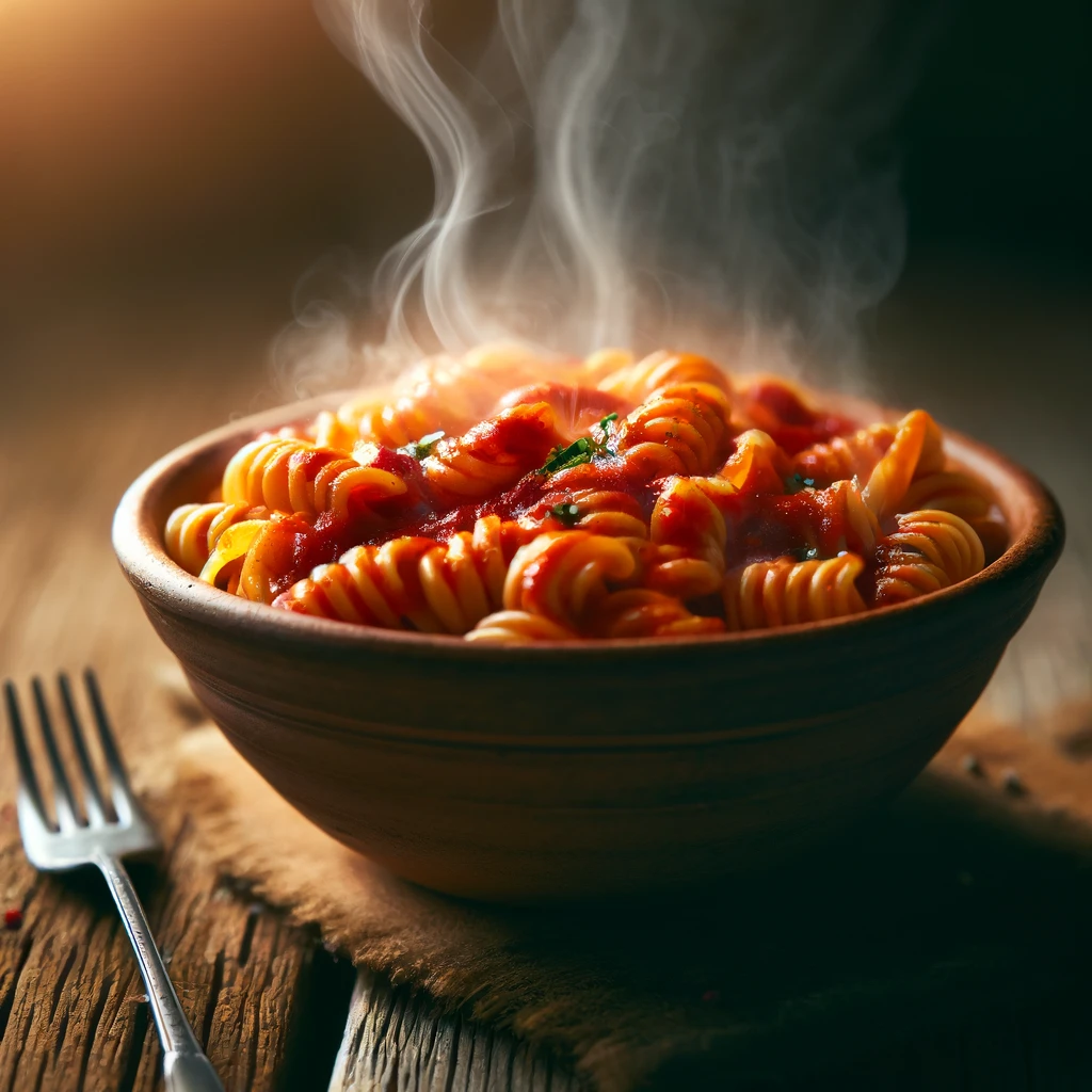 image of red hot pasta recipe on kitchen table
